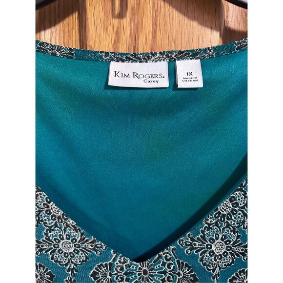 Kim Rogers Curvy Size 1X Teal Tiered Sheer Ruffles & Sleeves Lined V-Neck Blouse - Picture 3 of 11